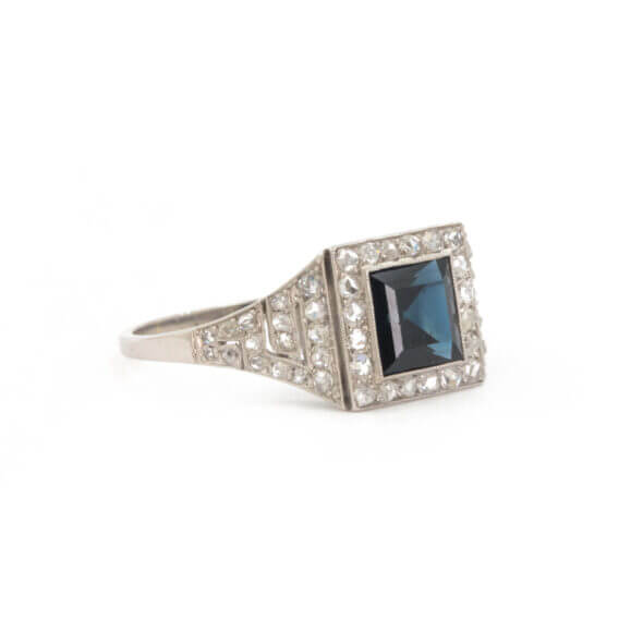 Platinum Art Deco Style Square Emerald Cut Sapphire and Diamond Ring