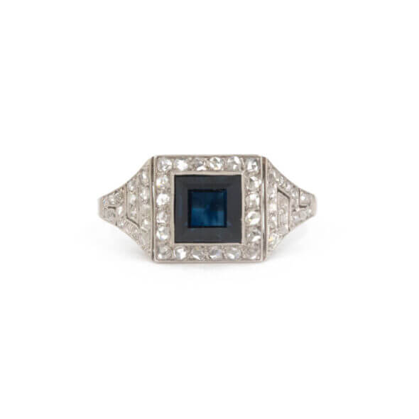 Platinum Art Deco Style Square Emerald Cut Sapphire and Diamond Ring