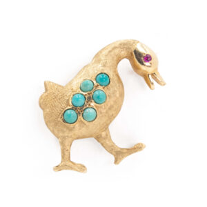 14 Karat Yellow Gold Turquoise | Ruby Duck Brooch front view