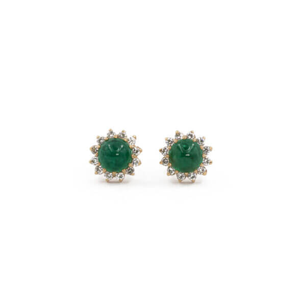 14 Karat Yellow Gold Emerald Cabochon | Diamond Halo Stud Earrings front view