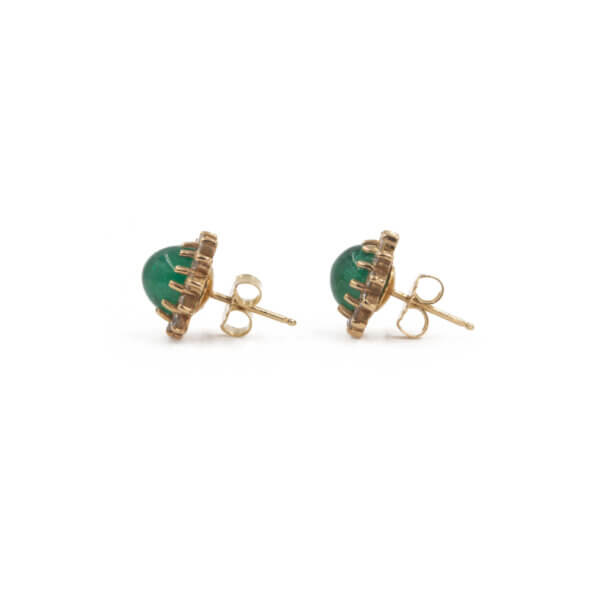 14 Karat Yellow Gold Emerald Cabochon | Diamond Halo Stud Earrings side view