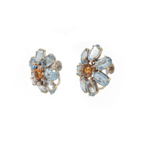 14 Karat Yellow Gold Oval Aquamarine and Round Citrine Flower Clip On Earrings Side