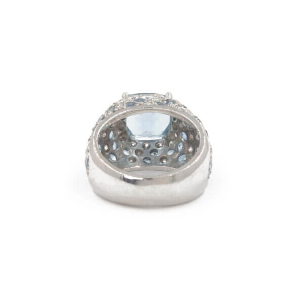 18 Karat White Gold Cushion Cut Aquamarine and Round Diamond Ring back view