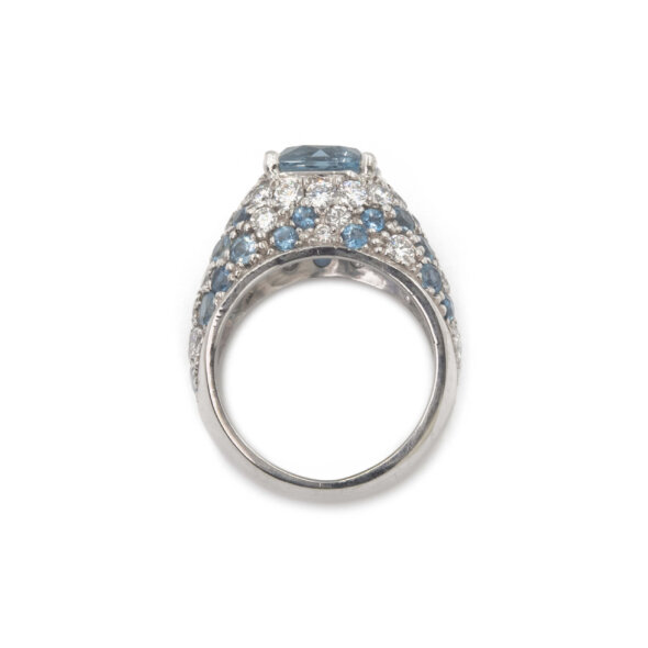 18 Karat White Gold Cushion Cut Aquamarine and Round Diamond Ring top view