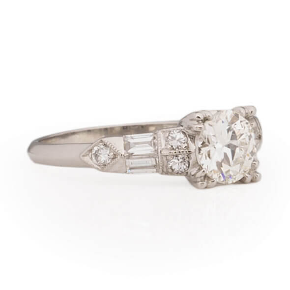 Platinum Art Deco Diamond Engagement Ring Set With A .75 Carat Old European Cut Center Diamond