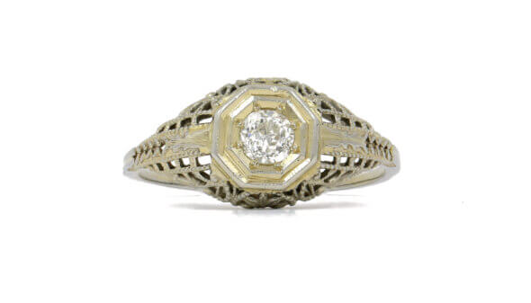 Vintage 14 Karat White Gold, .20 Carat Diamond Filigree Ring
