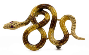 14 Karat Yellow, Gold, | Brown and Yellow Enamel Snake Brooch