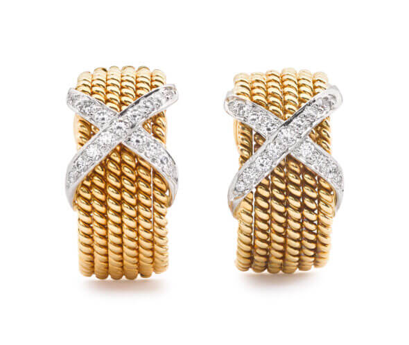 18 Karat Yellow Gold and Platinum Diamond "X" Earrings by Tiffany & Co. Schlumberger front view