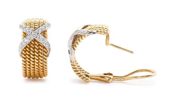 18 Karat Yellow Gold and Platinum Diamond "X" Earrings by Tiffany & Co. Schlumberger front and side view
