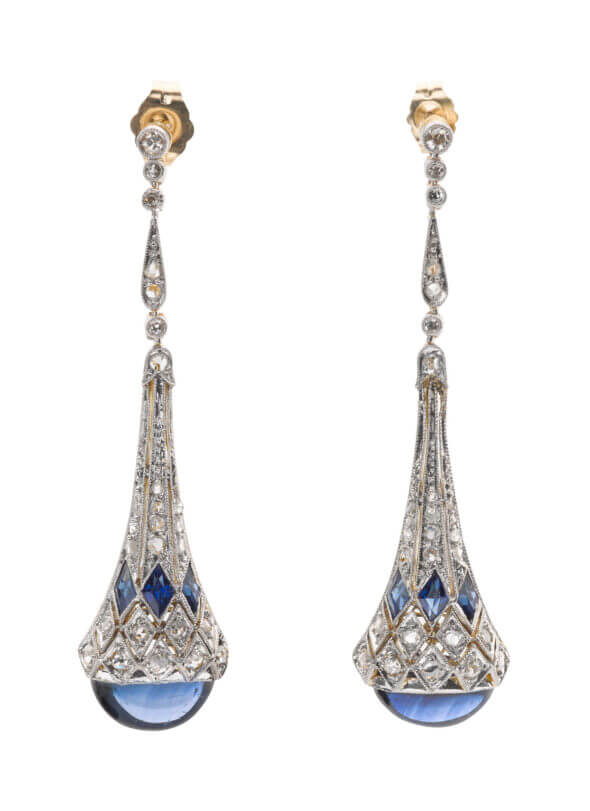 Antique Platinum Topped 18 Karat Yellow Gold Sapphire and Diamond Earrings front view