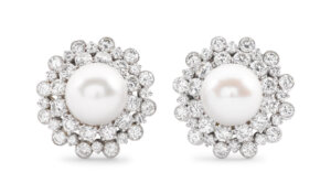 Platinum, Pearl, and Diamond Cluster Earrings