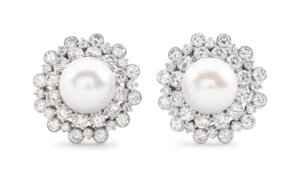 Platinum, Pearl, and Diamond Cluster Earrings