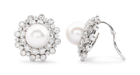 Platinum, Pearl, and Diamond Cluster Earrings