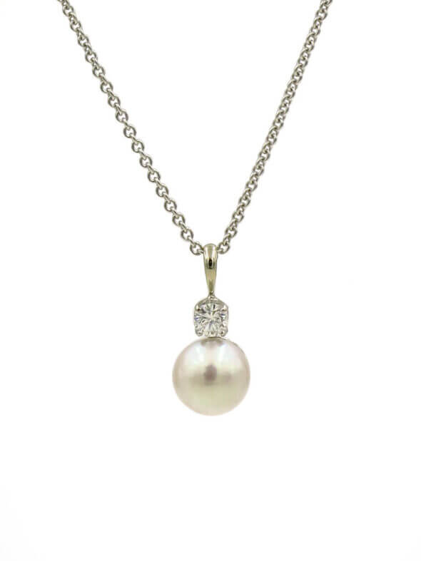 14 Karat White Gold Pearl and Diamond Accented Necklace