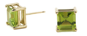 3.62 Carat Square Cut Peridot Earrings in 14 Karat Yellow Gold