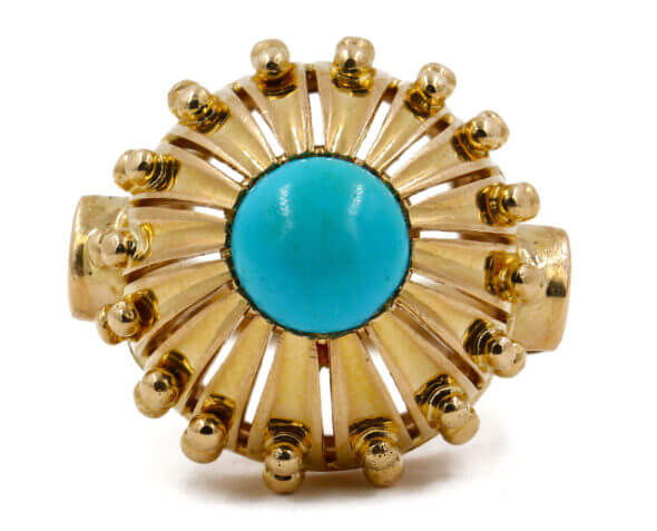 14 Karat Yellow Gold Round Turquoise Dome Ring front view