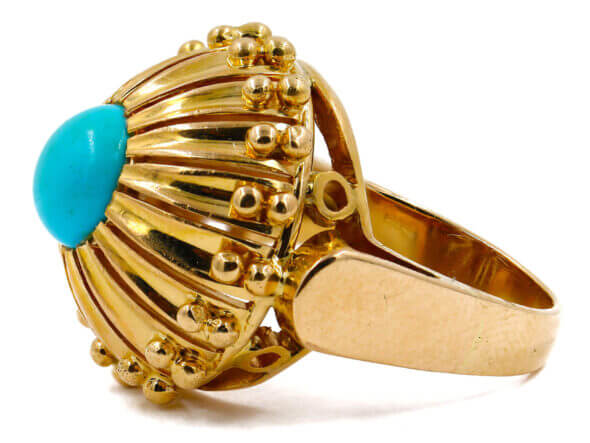 14 Karat Yellow Gold Round Turquoise Dome Ring side view