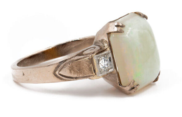 10 karat white gold Victorian Opal Ring with 2 diamond accents on either side
