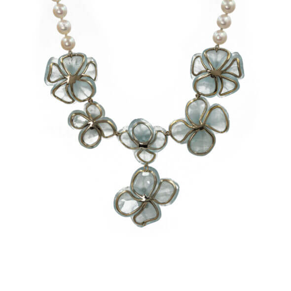 18 Karat White Gold Aquamarine, Pearl | Diamond Necklace
