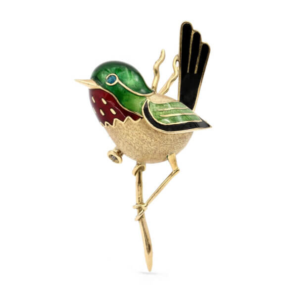 Enamel Humming Bird 18K Yellow Gold Brooch