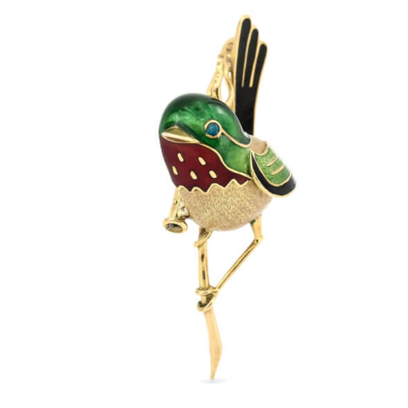 Enamel Humming Bird 18K Yellow Gold Brooch