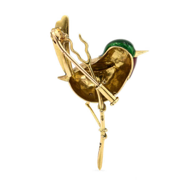 Enamel Humming Bird 18K Yellow Gold Brooch