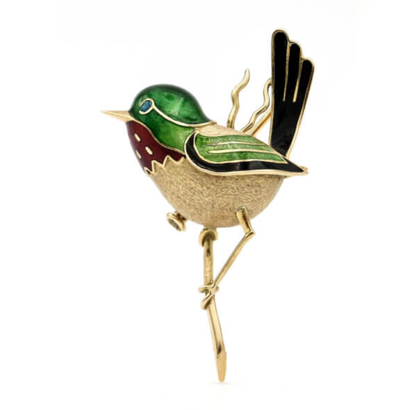 Enamel Humming Bird 18K Yellow Gold Brooch