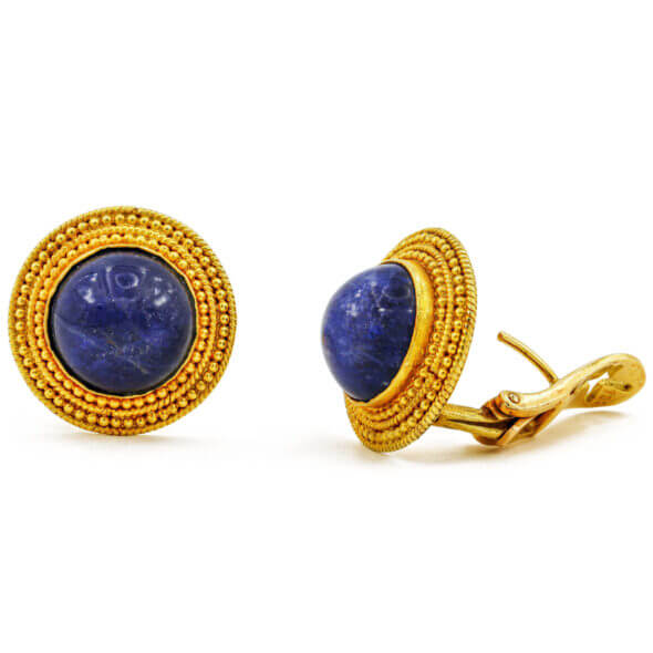 Ilias Lalaounis Sodalite Disc Earrings In 18 Karat Yellow Gold front and side view