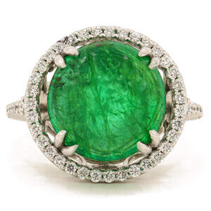 14 Karat White Gold 9.58 Carat Cabochon Cut Emerald | Diamond Ring