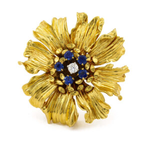 18 Karat Yellow Gold Sapphire | Diamond Flower Brooch
