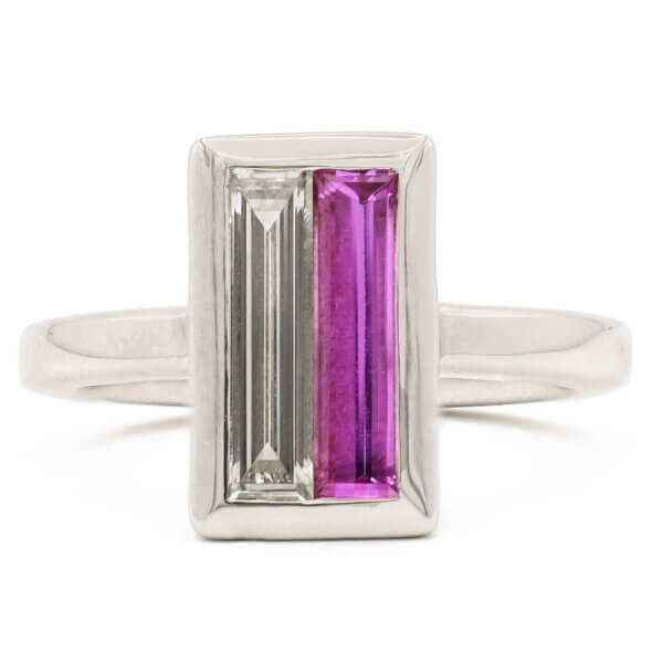 18 Karat White Gold Baguette Diamond | Pink Sapphire Ring