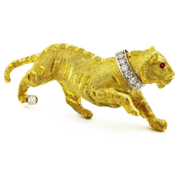 18 Karat Yellow Gold Platinum Diamond Tiger Necklace Slide