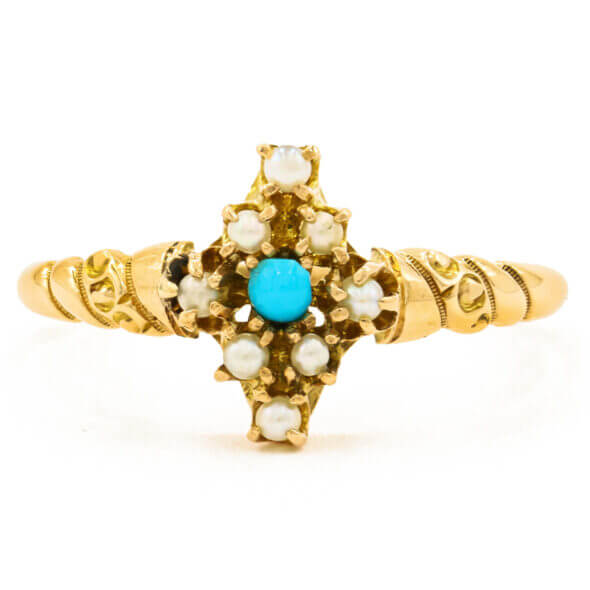 10 Karat Yellow Gold Turquoise | 8 Pearl Victorian Ring front view