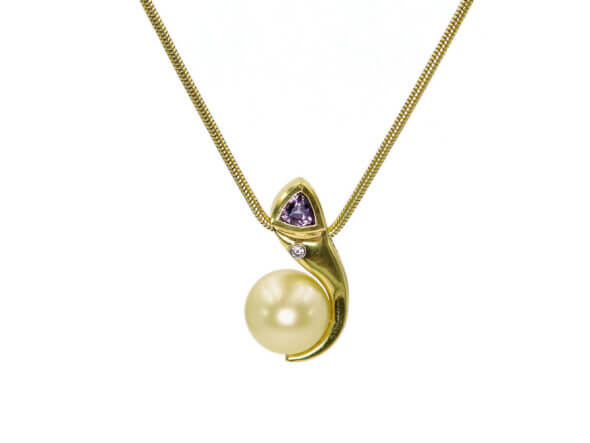 18 Karat Yellow Gold South Sea Pearl, Pink Diamond and Garnet Necklace front view
