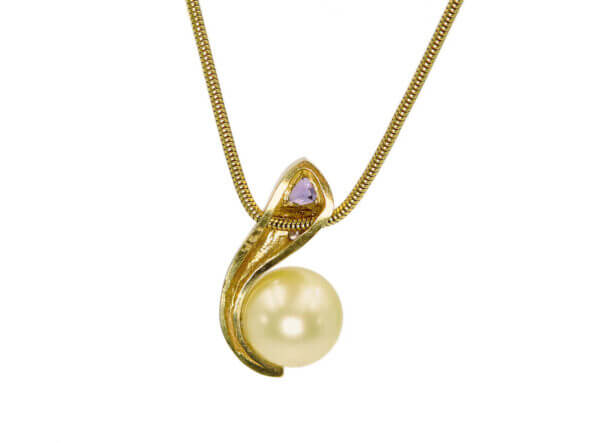 18 Karat Yellow Gold South Sea Pearl, Pink Diamond and Garnet Necklace back view