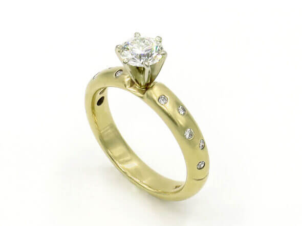 14 Karat Yellow Gold Satin Finish Diamond Engagement Ring