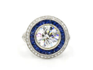 18 Karat White Gold Sapphire and Diamond Double Halo Semi Mount ONLY front view