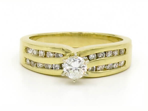 14 Karat Yellow Gold Double Channel Diamond Ring front view