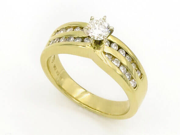 14 Karat Yellow Gold Double Channel Diamond Ring standing view