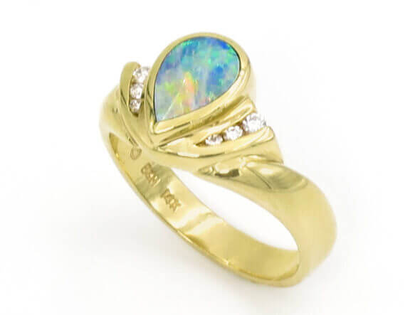 14 Karat Yellow Gold Pear Shaped Opal and Diamond Ring top view