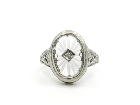 Carved Rock Crystal in 14k White Gold with Diamond