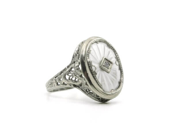 Carved Rock Crystal in 14k White Gold with Diamond