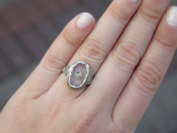 Carved Rock Crystal in 14k White Gold with Diamond