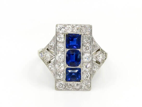 18 and 14 Karat White Gold Diamond and Sapphire Art Deco Dinner Ring front view
