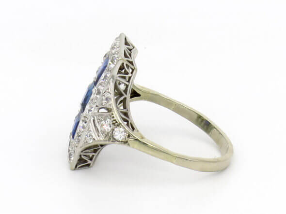 18 and 14 Karat White Gold Diamond and Sapphire Art Deco Dinner Ring side view