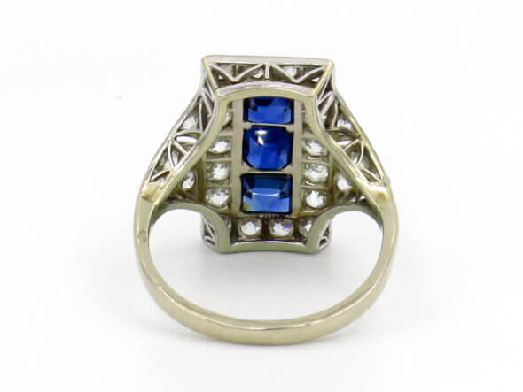 18 and 14 Karat White Gold Diamond and Sapphire Art Deco Dinner Ring back view