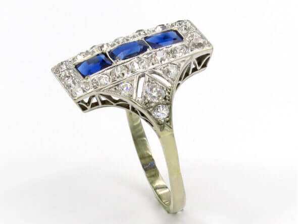 18 and 14 Karat White Gold Diamond and Sapphire Art Deco Dinner Ring top view