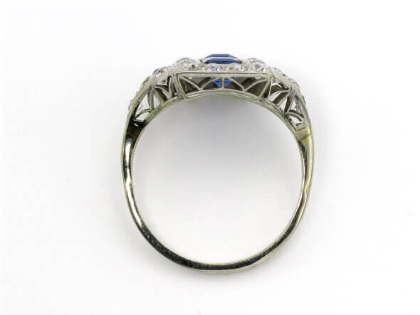18 and 14 Karat White Gold Diamond and Sapphire Art Deco Dinner Ring top view