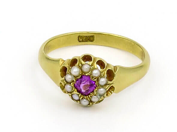 Victorian 18 Karat Yellow Gold Amethyst Ring with Seed Pearl Halo