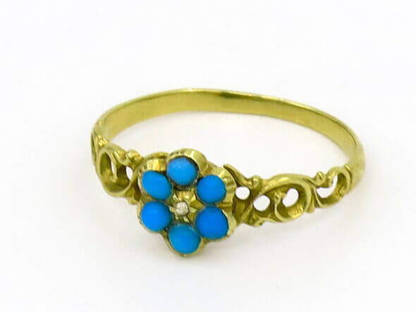 14 Karat Yellow Gold Victorian Turquoise and Diamond Ring